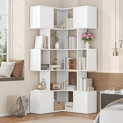 Semoic 71 inch Corner Bookshelf, 5 Tier Storage Bookcase, L-Shaped Cube Bookshelf, Wood Modern Book Shelf Organizer for Living Room/Home Office/Bedroom Display Unit, White