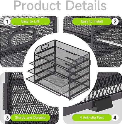 5 Tier Paper Organizer with Handle, Grey Metal Mesh Desk Organizer File Folder Paper Letter Tray Desktop Document Sorter for Classroom, School, Office Accessories Organization and Storage