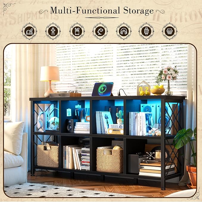 8 Cube Storage Organizer with LED Light and Charging Station, Wood and Metal Cube Shelf, Long Horizontal Book Shelf for Bedroom, Home Office, Black