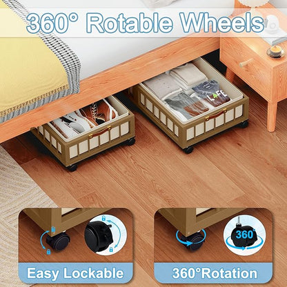 efluky 2-Pack Bamboo Under Bed Storage with Wheels, Rolling UnderBed Storage Basket with Large Dust Bag, Under Bed Storage Containers for Bedroom, Dorm and Basement, Brown