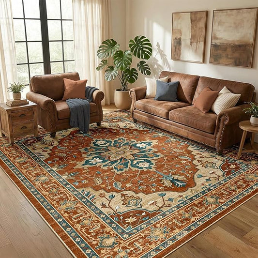 RELEANY Area Rugs 5'x7' Washable Non-Slip, Floral Vintage Distress Medallion Carpet for Living Room Bedroom Dining Room, Red Orange Blue Brown