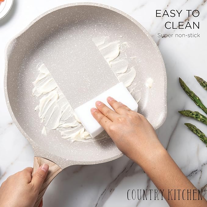 Country Kitchen Non-Stick Cast Aluminum Cookware Set - Durable Kitchen Cookware for Everyday Cooking, Cream, 11 Pc.