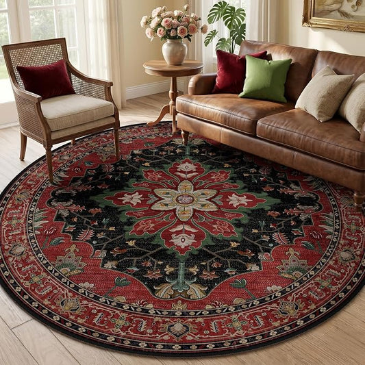 RELEANY Area Rugs Round 6ft Washable Non-Slip, Floral Vintage Distress Medallion Carpet for Living Room Bedroom Dining Room, Red Black