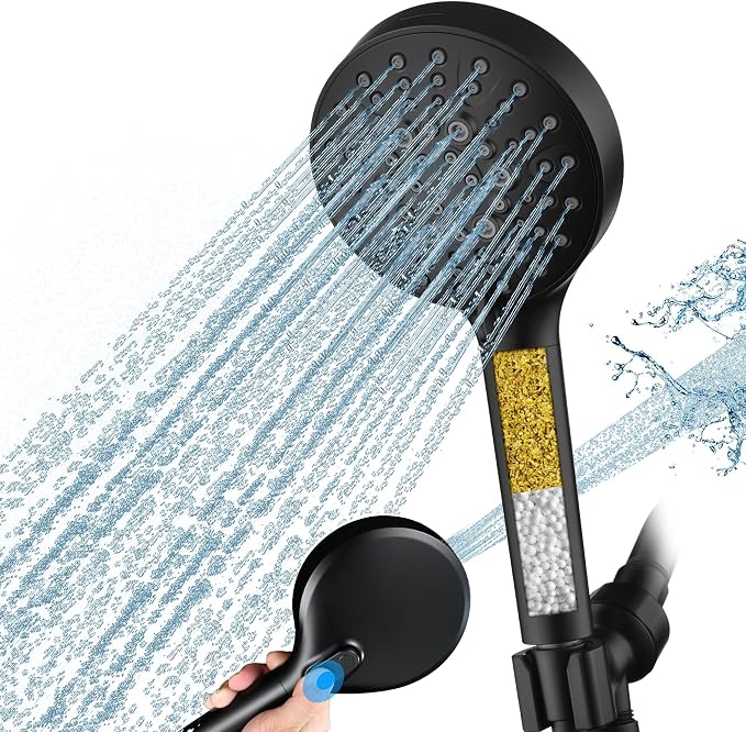 BRIGHT SHOWERS Filtered Shower Head with Handheld, High Pressure 9 Spray Mode Showerhead with Long Hose and Bracket, Water Softener Filters Beads for Hard Water - Removes Chlorine, Matte Black