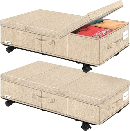 Supowin Under Bed Storage with Wheels, Rolling Underbed Storage Containers with Lids, Under Bed Shoe Storage Bins Organizer with Reinforced Metal Bottom Support and Three Handles