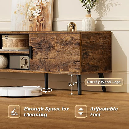 SUPERJARE TV Stand for 55, 65 Inch TV, 63 Inch Entertainment Center with Adjustable Shelf, 2 Cabinets, TV Console Table, Media Console, Solid Wood Feet, 4 Cord Holes, for Living Room, Rustic Brown