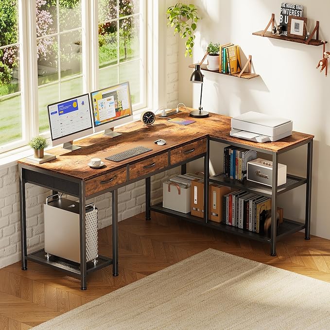 PRAISUN 55 Inch L Shaped Office Desk with Power Outlets and Type-C Port, Large Computer Gaming Desk with 3 Fabric Drawers, Mesh Shelves, Corner Study Work Writing Desk, Rustic Brown