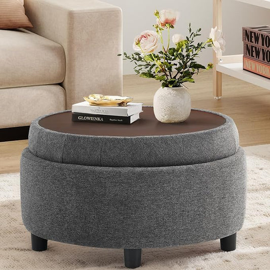 COLAMY Fabric Round Storage Ottoman with Reversible Tray Lid – Multi-Functional Footrest, Hidden Storage, Sturdy & Stylish Small Coffee Table for Living Room, Bedroom, or Entryway(Dark Grey)