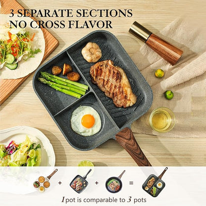 SENSARTE Nonstick Divided Grill Pan for Stove Tops, 3-Section Versatile Breakfast Grilling Pan, Durable Square Grill Skillet, Steak Griddle Pan, PFOA, PFOS, APEO Free, Induction Compatible, 9.5 Inch