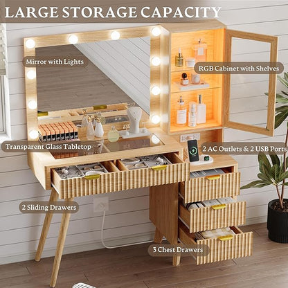 Fluted Vanity Desk with Mirror and Lights, 45" Glass Top Makeup Table Set with 5 Drawers, Power Outlet & Storage Cabinet, Large Dressing Table with RGB Ambient Light for Bedroom Women Girls, Oak