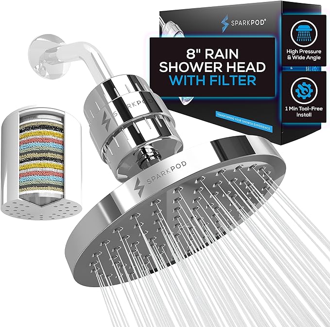 SparkPod 23-Stage Filtered Shower Head, 8" Round, Polished Chrome | Filtered Shower Head for Hard Water Filter, High Pressure, Reduces Chlorine, Heavy Metals, For Dry Skin & Hair