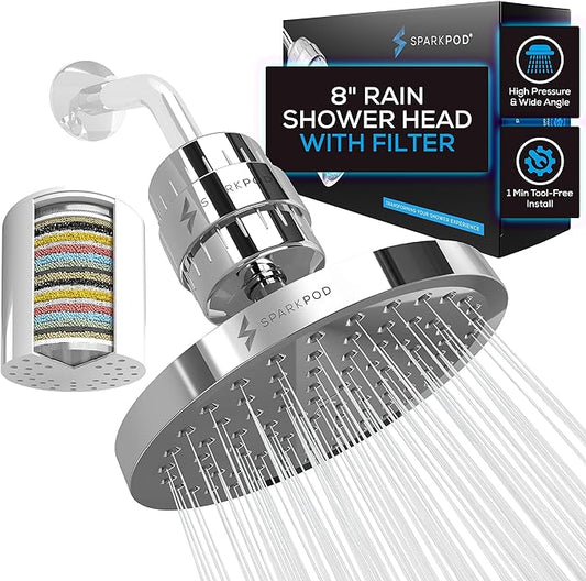 SparkPod 23-Stage Filtered Shower Head, 8" Round, Polished Chrome | Filtered Shower Head for Hard Water Filter, High Pressure, Reduces Chlorine, Heavy Metals, For Dry Skin & Hair