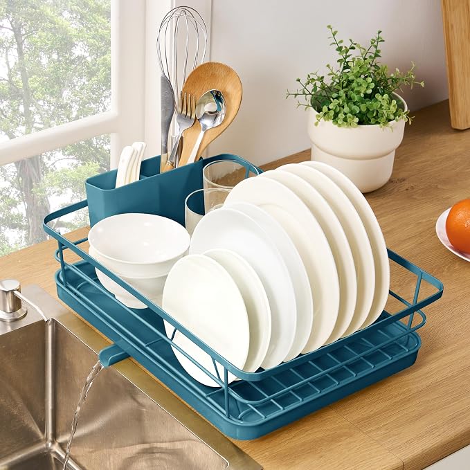 Dish Drying Rack 3 Piece Dish Drainer with Drainboard Set for Kitchen Counter – Dish Rack with Removable Utensil Holder & Swivel Spout for Countertop – DishRack for Plates, Cups & More, Teal