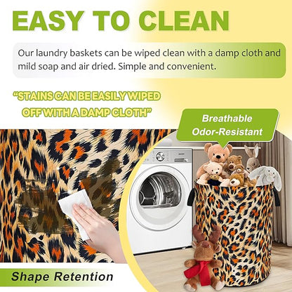 Brown Black Leopard Print Laundry Basket Funny Foldable Waterproof Oxford Cloth Tote Bag Laundry Hamper Large Clothes Storage Bucket Toy Organizer For Bathroom/Laundry Storage/Bedroom 18.9x16.5 Inch