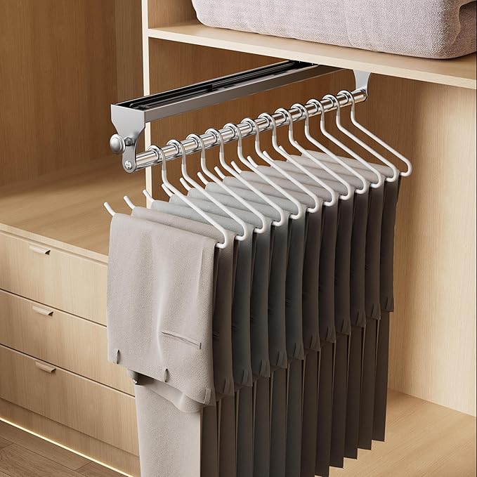2 Pack Pull Out Closet Rod, 15.7inch Heavy Duty Pants Rack, Adjustable Clothes Hanger Rail, Space Aluminum Valet Rod, Top Mounted Wardrobe Clothes Organizer, Closet Storage for Trousers Coats Gray