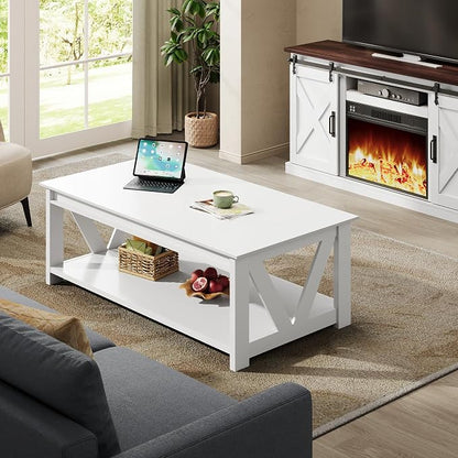 WLIVE Coffee Table with Storage Shelf, 39.4" Farmhouse Coffee Table with V-Frame Support, 2-Tier Wood Rustic Center Table for Living Room, Bedroom & Balcony, All White