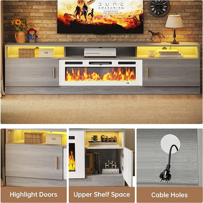 MXV 78" Fireplace TV Stand with Power Outlet for TVs UP to 90", Electric Fireplace Entertainment Center with LED Lights & Storage Cabinets, TV Console for Living Room, Office, Grey-White