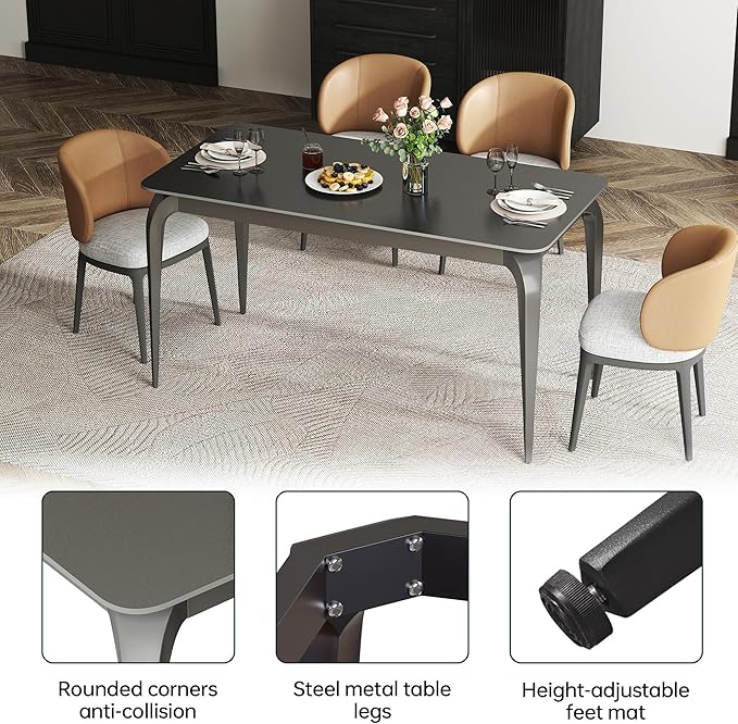 Dining Table, Sintered Stone Kitchen Table, 55'' Black Modern Rectangular Slate Patio Table with Metal Legs, Indoor Outdoor Stone Dining Table for Patio, Backyard, Scratch and Heat Resistant