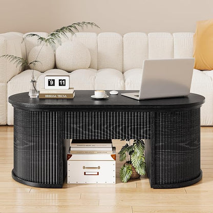 Fluted Lift Top Coffee Table with Storage, Oval Living Room Center Table with Hidden Compartment, Modern Mid-Century Wood Coffee Table for Small Spaces, Home Office, Living Room, Black