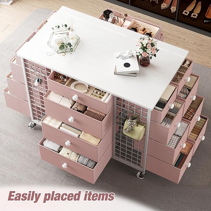 EnHomee 24 Drawers Dresser for Bedroom, Dressers & Chests of Drawers with 4 Wheels and 40“ * 23” Wide Wooden Top, Metal Frame, Organizer Island with Hooks for Bedroom, Cloakroom, Dressing Room, Pink