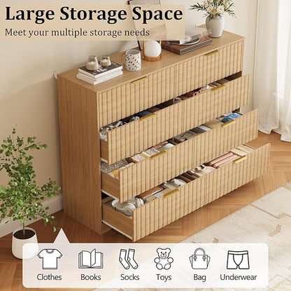Fluted 8 Drawers Dresser for Bedroom, 55" Wide Wood Dressers Chest of Drawers with Metal Handle, Mid Century Modern Dresser Storage Organizer for Living Room, Natural Oak