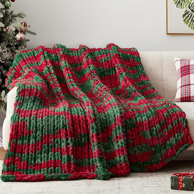 Negwoo Chunky Knit Throw Blanket, 50''*60'' Knitted Throw Chenille Yarn for Bed Couch, Handmade Stripe Crochet Big Thick Blanket, Machine Washable Cute Comfy Blanket for Home Decor