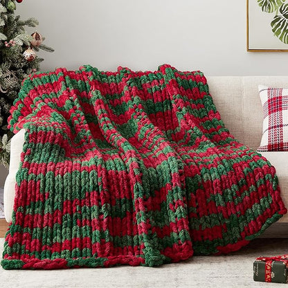 Negwoo Chunky Knit Throw Blanket, 80''*90'' Knitted Throw Chenille Yarn for Bed Couch, Handmade Stripe Crochet Big Thick Blanket, Machine Washable Cute Comfy Blanket for Home Decor