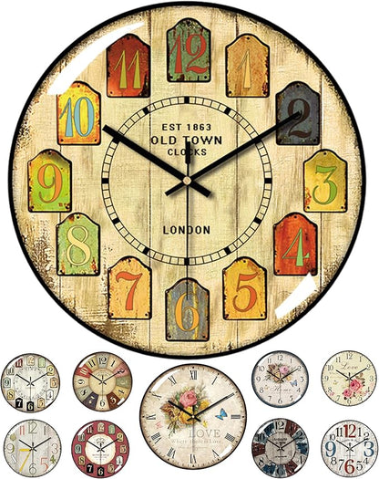 Decorative Wall Clocks Batterys Operated, Retro Wall Clock with Glass Dial, 12-Inch Dial with Roman Numerals, Silent and No Ticking, Suitable for Living Room, Bedroom, Dining Area, Workspace