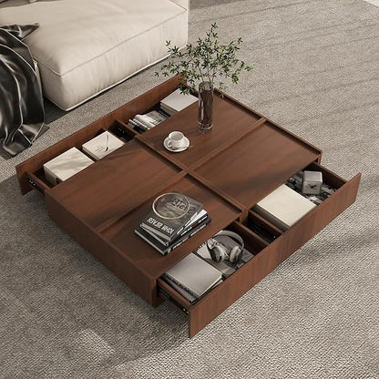 Coffee Table with Storage,Modern Center Table with 4 Hidden Drawers for Living Room,Rectangle Coffee Table for Home Furniture,Bedroom,Dark Walnut