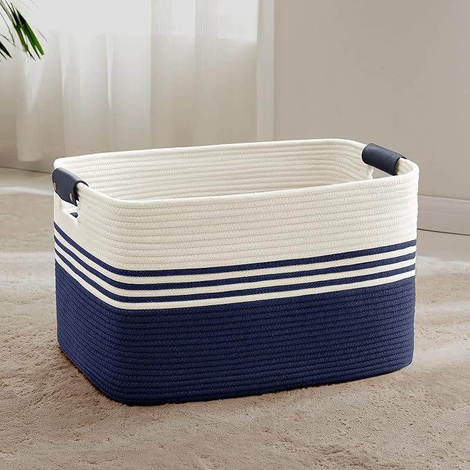 SunNewt 72L Large Laundry Basket with Leather Handles for Living Room Storage, Woven Rope Baskets Bin for Blanket, Kids Toy, Gifts, Wicker Hamper for Bedroom Dirty Clothes, 22"x17"x12" White Navy