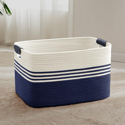 SunNewt 72L Large Laundry Basket with Leather Handles for Living Room Storage, Woven Rope Baskets Bin for Blanket, Kids Toy, Gifts, Wicker Hamper for Bedroom Dirty Clothes, 22"x17"x12" White Navy