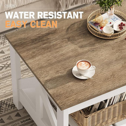 YESHOMY Farmhouse Coffee Table, Coffee Tables for Living Room, Farmhouse Square Coffee Table with Storage, Couch Table, Small Tables for Small Spaces, Gray & White