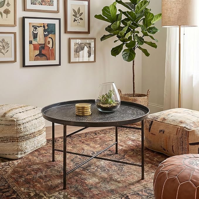HOMCOM 24" Round Coffee Table with Hammered Tray Top, Vintage Metal Center Table for Living Room, Bedroom, Side Table, Pewter