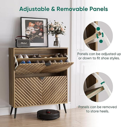 Smuxee Walnut Shoe Cabinet with 2 Flip Drawers, 31.5" Hidden Shoe Storage Cabinet with Fluted Diamond Doors, Freestanding Shoe Organizer Cabinet for Entryway, Hallway, Living Room