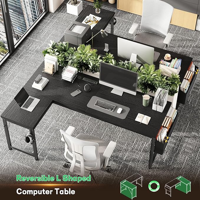 63 Inch L Shaped Desk Gaming Desk with Power Outlets & 0.95 Inch Thicker Desktop & Lights, Computer Desk with Storage Bag, Reversible Office Corner Desk for Home Office,Living,Bedroom,Black