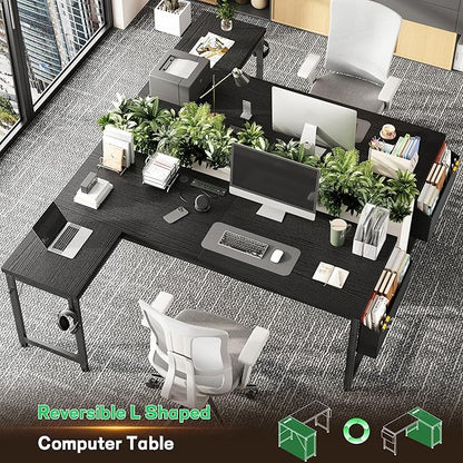 63 Inch L Shaped Desk Gaming Desk with Power Outlets & 0.95 Inch Thicker Desktop & Lights, Computer Desk with Storage Bag, Reversible Office Corner Desk for Home Office,Living,Bedroom,Black