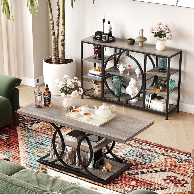 GiftGo Rustic Coffee Table with Storage Industrial 3 Tier Center Living Room Table Farmhouse Wooden Rectangle Cocktail Tea Table for Office Bedroom Elegant Full Moon Design (Vintage Gray, L-47)