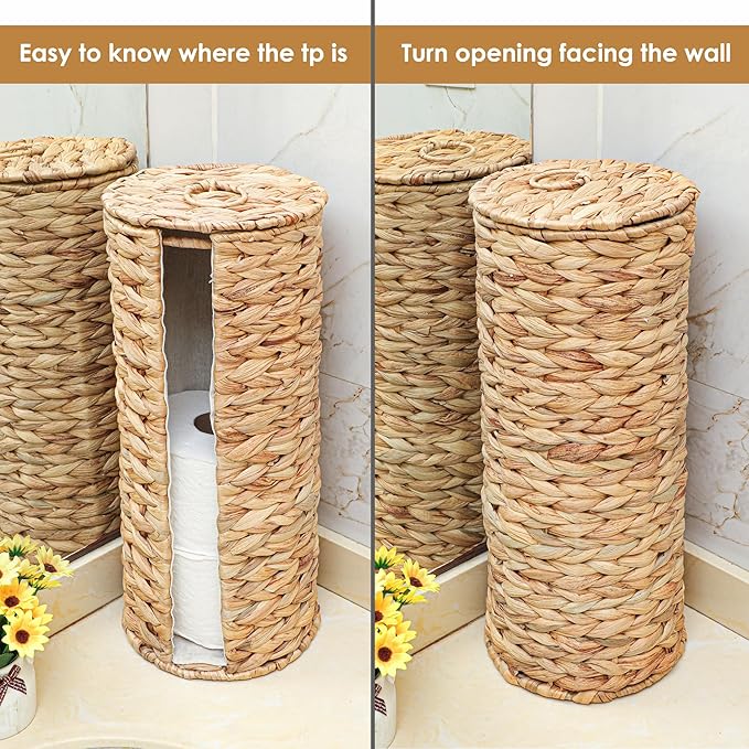 4 Mega Rolls Extra Toilet Paper Storage with Lid and Liner, Water Hyacinth Ratten Toilet Paper Holder Basket Stand, Decorative Boho Covered Enclosed Toilet Tissue Organizer for Bathroom
