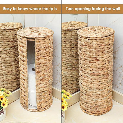 4 Mega Rolls Extra Toilet Paper Storage with Lid and Liner, Water Hyacinth Ratten Toilet Paper Holder Basket Stand, Decorative Boho Covered Enclosed Toilet Tissue Organizer for Bathroom