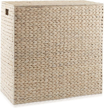 Casafield 2-Section Laundry Hamper with Removable Liner Bags - Whitewash, Woven Water Hyacinth Double Laundry Basket Sorter for Clothes and Towels