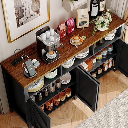 Buffet Sideboard with Storage with Power Outlets & LED Light 4 Doors, 55'' Large Farmhouse Kitchen Storage Cabinet Wood Coffee Bar Cabinet Buffet Table for Kitchen, Dining Room, Entryway