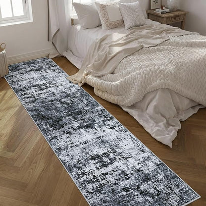 2.6'x14' Runner Rug Washable Rug: Modern Abstract Soft Thin Runner Rug Black