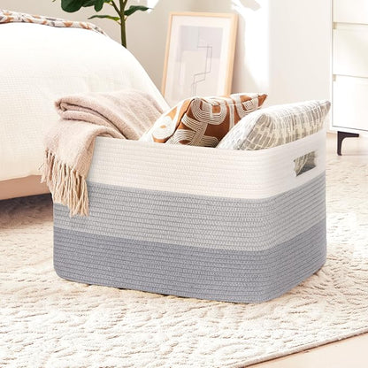 86L Extra Large Laundry Basket with Leather Handles for Living Room Storage, Woven Rope Baskets for Blanket, Kids Toy, Gifts, Wicker Hamper for Bedroom Dirty Clothes, 24"x16"x14" Gradient Grey