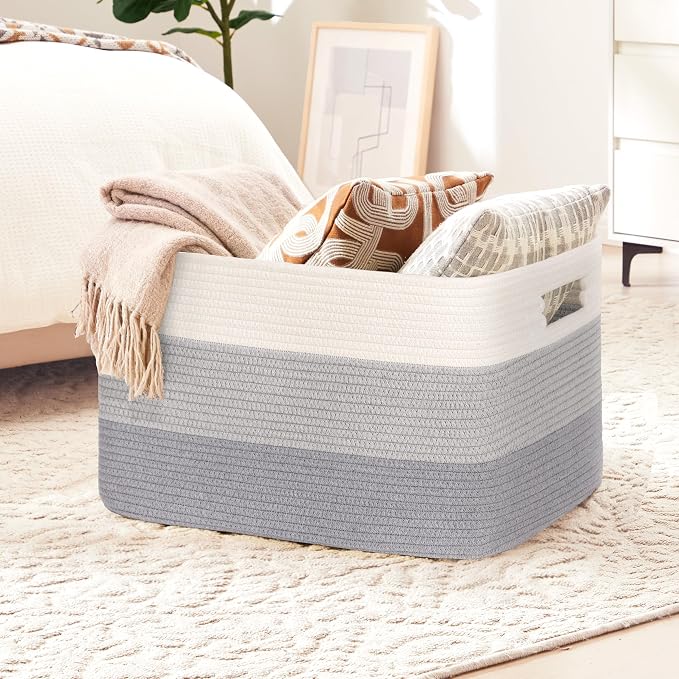 60L Laundry Basket with Leather Handles for Living Room Storage, Woven Rope Baskets Bin for Blanket, Kids Toy, Gifts, Wicker Hamper for Bedroom Dirty Clothes, Gradient Grey