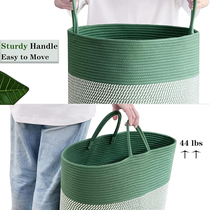 80L Extra Large Green Laundry Hamper Basket, Tall Woven Hamper for Bedroom, Cotton Rope Laundry Basket for Clothes, 16x22 Inches
