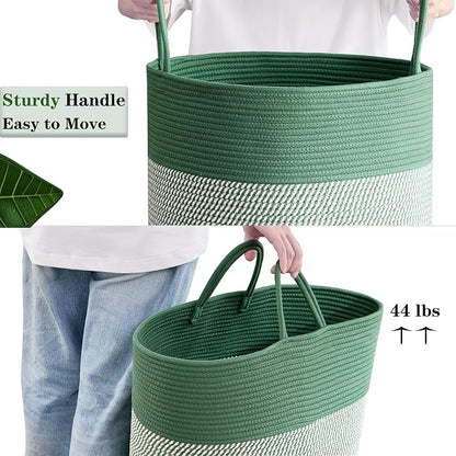 80L Extra Large Green Laundry Hamper Basket, Tall Woven Hamper for Bedroom, Cotton Rope Laundry Basket for Clothes, 16x22 Inches
