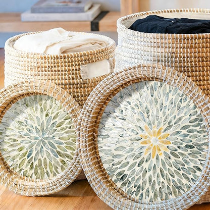 Laundry Hamper Basket 2-Pack - Natural Seagrass Handmade Storage Hamper with Lid, Removable Washable Liner, Storage Basket for Clothes Toys, Decorative Organizer for Bedroom, Bathroom, Living Room