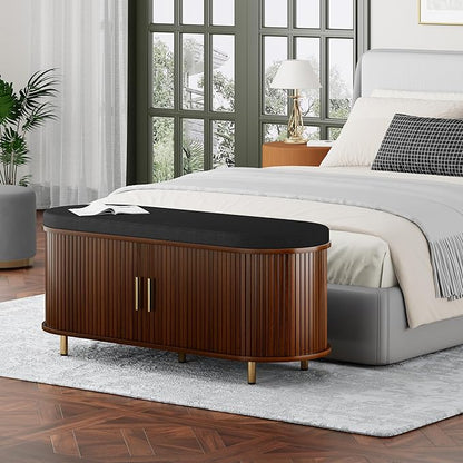 DHH 2-Tier Storage Bench, 43.3" Wide Shoe Bench with Thickened Padded Seat Cushion, Mid Century Modern Fluted Sliding Door and Adjustable Shelf, for Entryway, Living Room, Bedroom(Walnut)