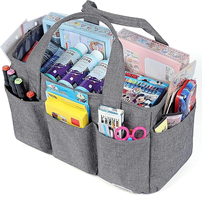 HOMEST Craft Organizer Tote Bag with Multiple Pockets, Storage Art Caddy for Scrapbooking, Crafts Supply Carrier for Tool, Gray