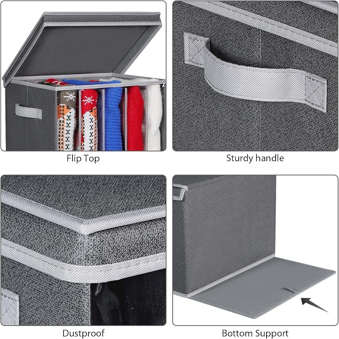 Zilink Upgraded Sweater Organizer for Shelf with Lids and Support Boards Clothes Organizer for Closet with 5 Grids Divider Sweater Storage Bins for Sweaters, Jeans, Pants, Black Pattern, 3 Pack